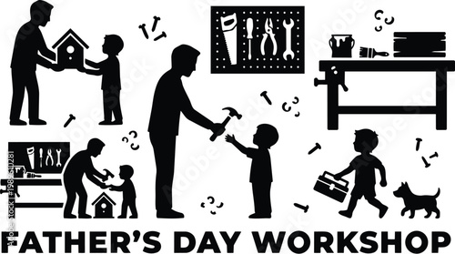 Fathers day workshop scene with silhouettes of dad and kids and tools