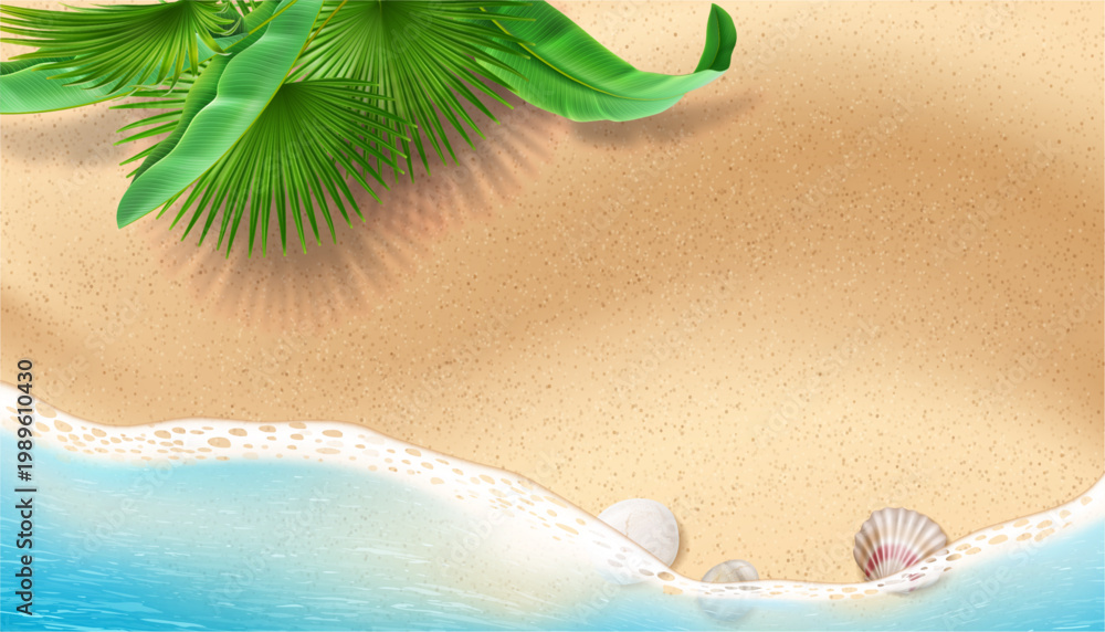 Obraz premium Beach top view with gentle foam, tropical greenery and seashells. Vector realistic marine and wildlife presence. Coastal landform with tropical flora and fauna. Summer landscape and vacation