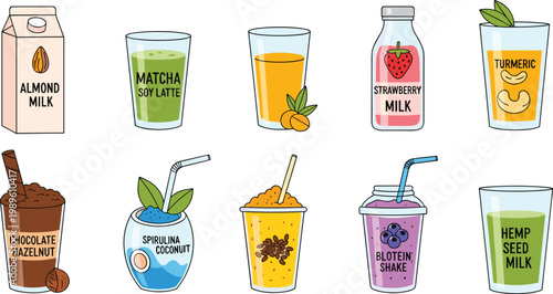 Modern Plant Based Wellness Beverage Icon Set Featuring Almond Milk Matcha Soy Latte Hemp Seed Milk Spirulina Coconut and Protein Shakes for Healthy Lifestyle Cafe Menus