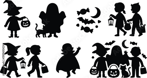 Halloween line art silhouettes of children trick or treating with lanterns and cats