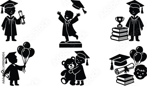 Graduation cap and diploma scene with graduates and teddy bear celebration in black and white