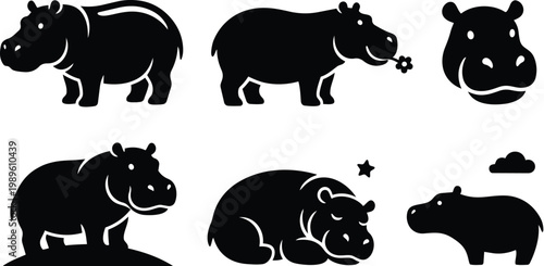 Hippo silhouettes in a black vector set with multiple poses and expressions