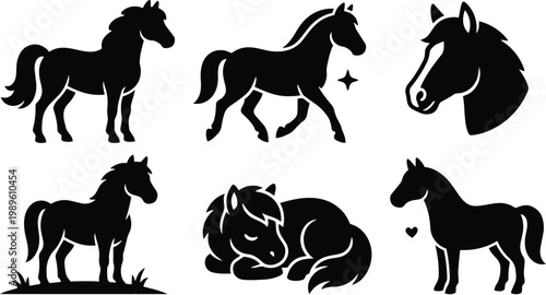 Horse silhouette vector set of marching rearing standing and sleeping horses