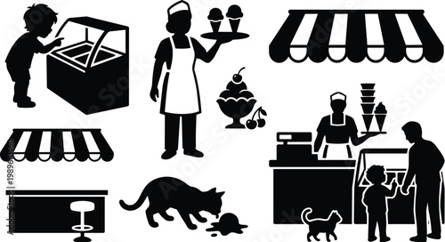 Vector silhouettes of a busy street market with vendors shoppers and pets