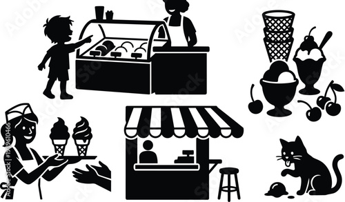 Vector silhouette of a food stall scene with ice cream cones and smiling vendor