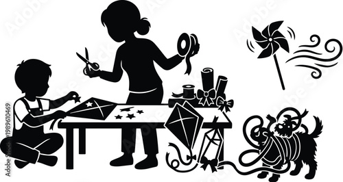 Family craft session at a table with scissors ribbons and gift boxes