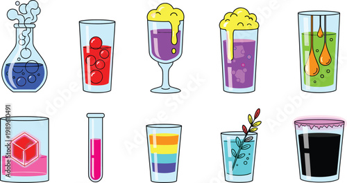 Molecular Gastronomy and Laboratory Cocktail Vector Icon Set Featuring Smoking Beakers Test Tube Shots Layered Science Drinks and Artistic Chemical Mixology for Modern Bar Menus