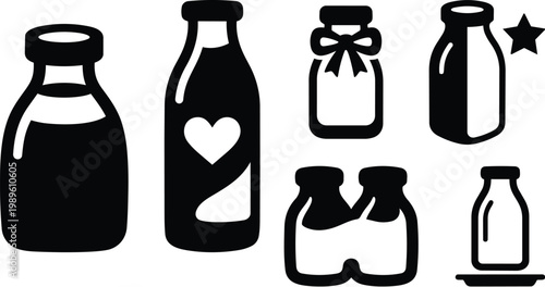 Line art bottle set icons with jars and bottles on white background