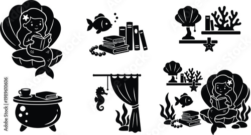 Mermaid reading underwater scene vector illustration with books and sea life collection