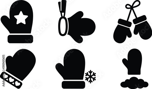 Vector icons of winter gloves and mittens collection with snowflake and star