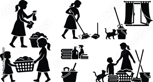 Clean household silhouettes in a vector scene showing cleaning tasks and laundry