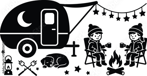 Camping scene with caravan and two campers by a campfire at night