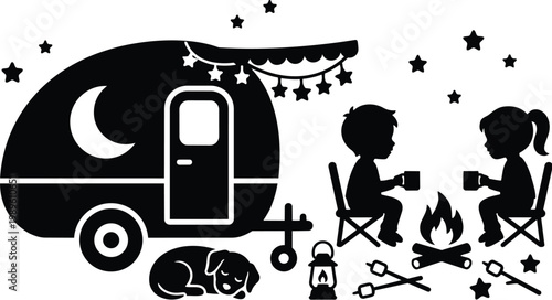 Night camping scene with caravan, two children by campfire and sleeping dog