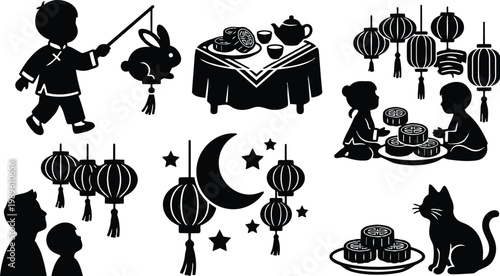 Silhouette illustration mid autumn lanterns moon festival scene with children and cat at table