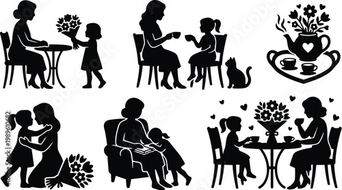 Family tea time silhouettes vector scene with tables cups and flowers cats