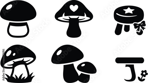Mushroom silhouettes vector set with six black shapes