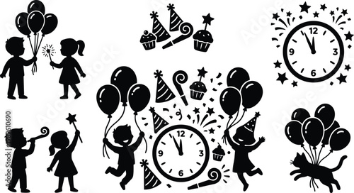 Celebration scene with balloons clocks confetti and party hats children playing together