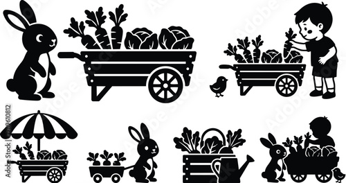 Studio vector illustration of playful rabbits carrots and wagons in garden scene
