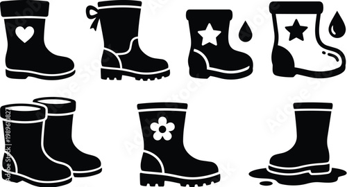 Rubber boots silhouette set with hearts stars flowers arranged in a grid