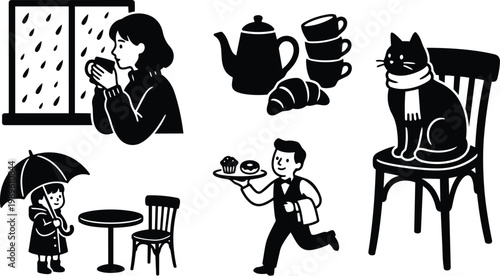 Line art collage of cafe scenes with woman by window tea cup croissant waiter cat on chair umbrella girl
