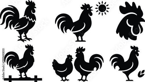 Rooster silhouettes vector set with multiple rooster poses for crafts and farm icons