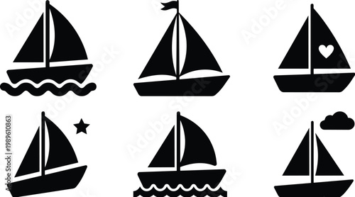 Collection of six sailboat icons in black vector line art style