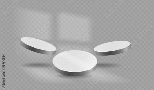 Floating monochrome podiums with window light shadow effect. Vector 3D circle studio stage composition. Platform scene for product presentation, branding display and advertising concept