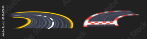 Dynamic curved street blur with glowing neon lines on racing course. Vector realistic road perspective for rapid motion. Automotive designs and sport event posters. Speed and fast driving