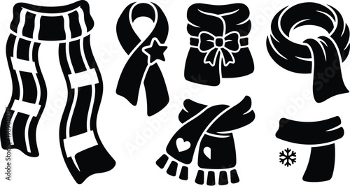 Winter scarf set vector line art featuring striped scarf bow scarf infinity scarf heart scarf and snowflake scarf motifs