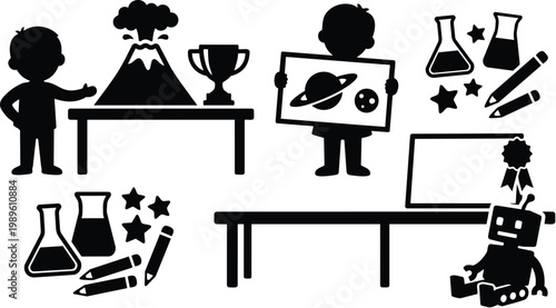 Science fair with students and lab equipment