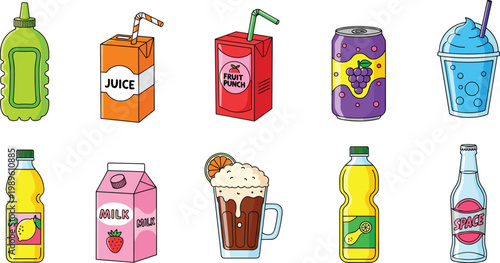 Retro Kid Friendly Beverage Vector Icon Set Featuring Juice Box Fruit Punch Carton Grape Soda Can Strawberry Milk and Carbonated Slushy for Childhood Nostalgia and Fun Cafe Menus