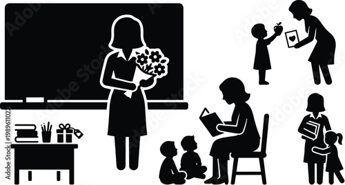 Classroom silhouettes with teacher holding bouquet and students at chalkboard