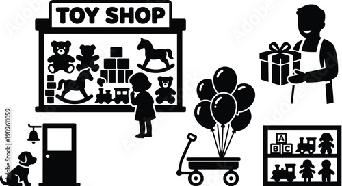 Toy shop storefront silhouette with teddy bear blocks rocking horse and gift for celebration
