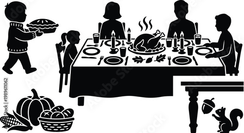 Thanksgiving dinner silhouette with family around table and turkey in black and white vector