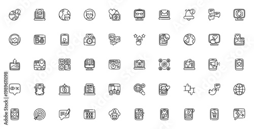 Social media icon set. Vector icons pack for Dribbble, Blog, Like, Email, YouTube, Camera, Facebook, Twitter, Instagram and more. Includes avatar, chat, search, upload, hashtag.