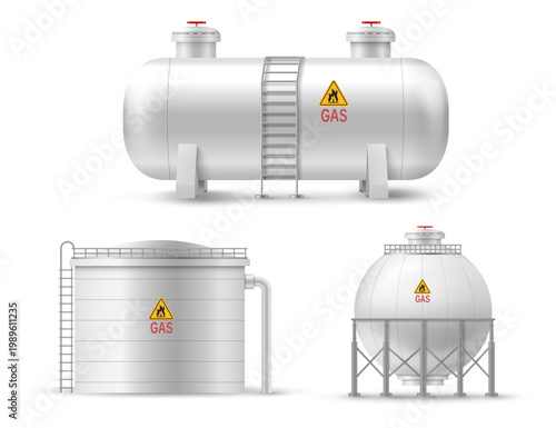 Fuel tank storage. Industrial cylindrical reservoirs with sealed hatches and warning signs, metal ladders and pipe connections. Vector realistic metallic structure for petrol containment and transport
