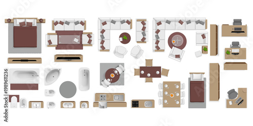 Home furniture, top view. Interior mixed layout. Dining kitchen and bathroom, bedroom and living room elements. Vector set of realistic household objects. Seating, storage and functional zones