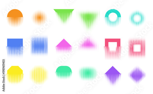 Geometric abstract glass fractal forms. Blur proportional shapes design. Ovals, circles and squares, triangles and octagons. Vector futuristic aesthetic set for digital interface and visualization