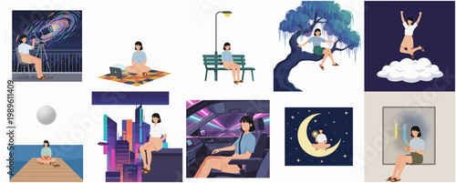 Flat Style Various Woman Lifestyle Activities Creative Scene Illustration