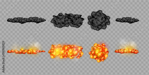 Charcoal pieces in various shapes with hot burning state and smoke. Vector realistic fuel material used for barbecue and grilling process. Top and side views. Outdoor cooking and fire preparation