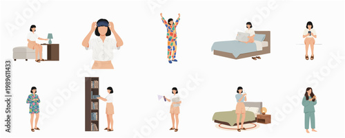 Simple Flat Design Female Character Daily Life Home Activity and Leisure Time Minimalist Illustration Set