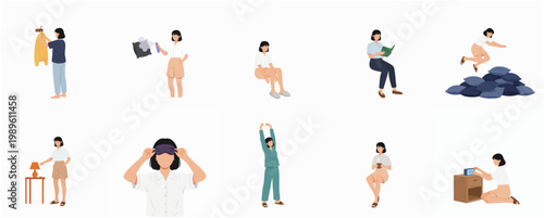 Minimalist Flat Illustration Set of Woman in Daily Life Activity