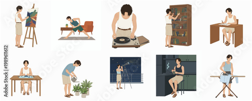 Flat Minimalist Illustration Set Depicting Diverse Daily Activities Hobbies and Leisure Lifestyle of a Man