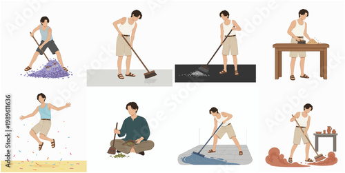 Flat Illustration of Young Man Performing Diverse Cleaning and Sweeping Household Chores Activity Collection