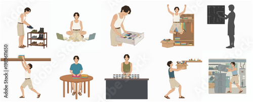 Flat Illustration of a Man Organizing, Working, and Doing Different Activities at Home