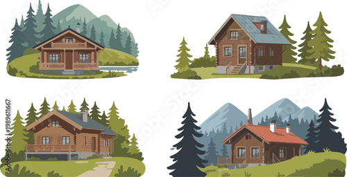 Collection of rustic mountain log cabin vector illustrations featuring cozy wooden houses in pine forest landscapes for outdoor adventure travel and wilderness vacation rental concepts.