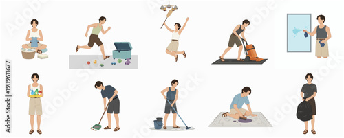 Flat Illustration of a Young Man Engaged in Various Housework Activities Set