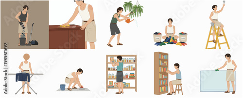 Flat Style Detailed Illustration of People Doing Various Household Chores at Home