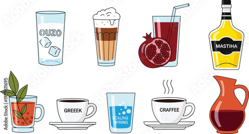 Traditional Greek and Mediterranean Beverage Icon Set Featuring Ouzo with Ice Mastiha Liqueur Greek Coffee Frappe Pomegranate Juice and Red Wine for Cultural Cafe Menus