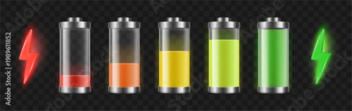Battery level mockup set with charge states from low to full. Vector realistic metal texture with glowing lightning icons. UI design and smartphone apps, technology branding and energy presentations